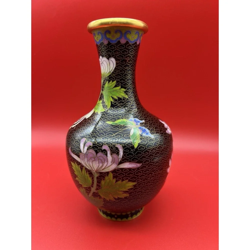 Vintage Chinese Cloisonne Enamel Vase Black Multicolor Flowers Butterfly 8.25